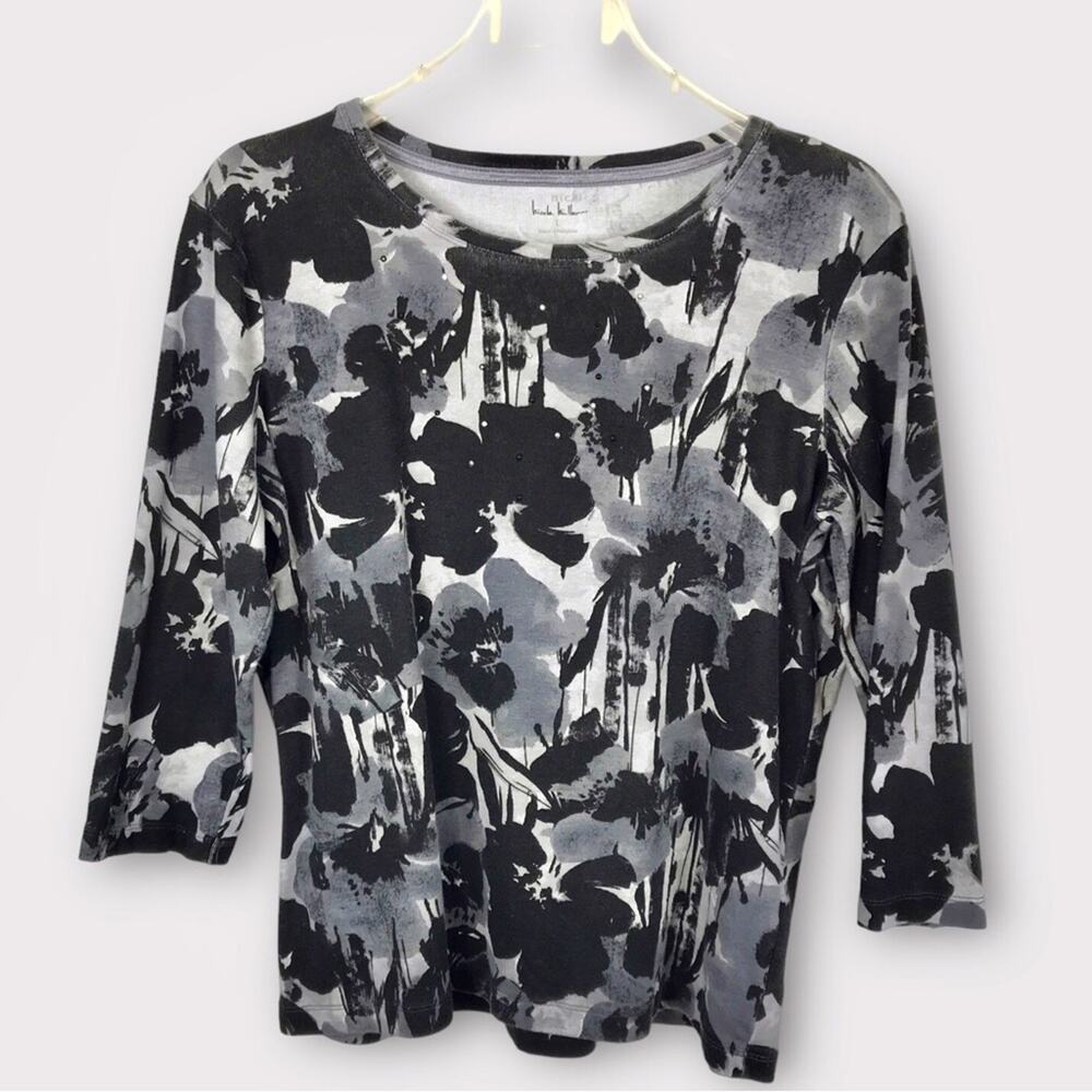 Nicole Miller Floral Tee Shirt Studded Grey Black & White
